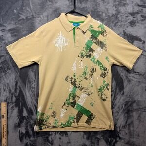 Wckd Polo Shirt Mens XL Tan Green Graphic Print Distressed Streetwear Cotton